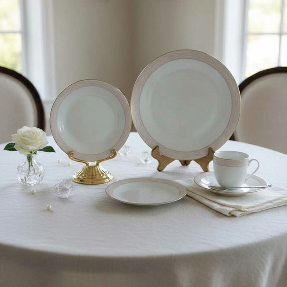 Mikasa Silk Moire Elegant‎ White Pink  and Gold 5 Plce Setting Dinnerware Set